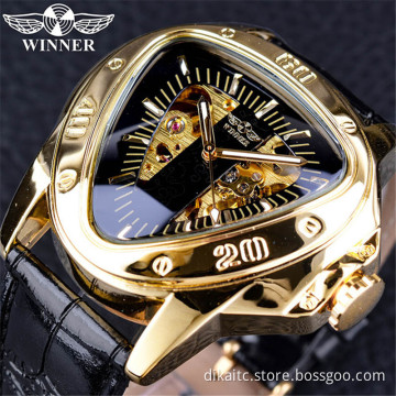 Top Brand Luxury Winner Steampunk Fashion Triangle Golden Skeleton Movement Mysterious Men Automatic Mechanical Wrist Watch